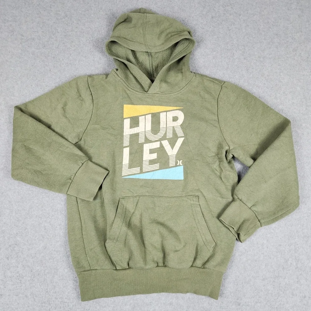 Hurley Hoodie Kids Medium Olive Green Fleece Lined Long Sleeve Spell Out‎ Logo
